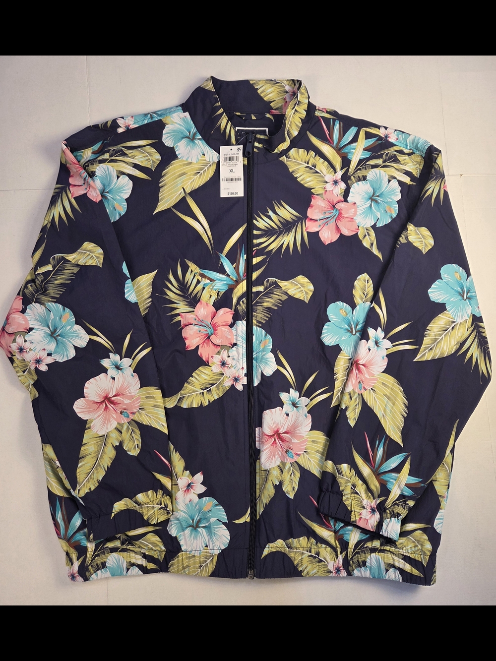 Club Room Navy Floral Zip-Up Jacket with Teal & Yellow Accents